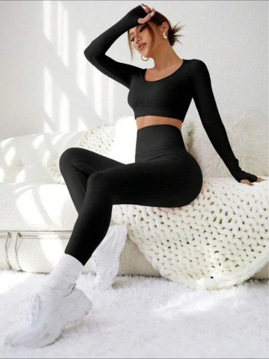 Black Long Sleeve Women's Sport Set – Sleek & Stretchy Design